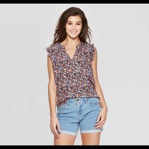 Floral Print Ruffle Sleeve V-Neck Blouse